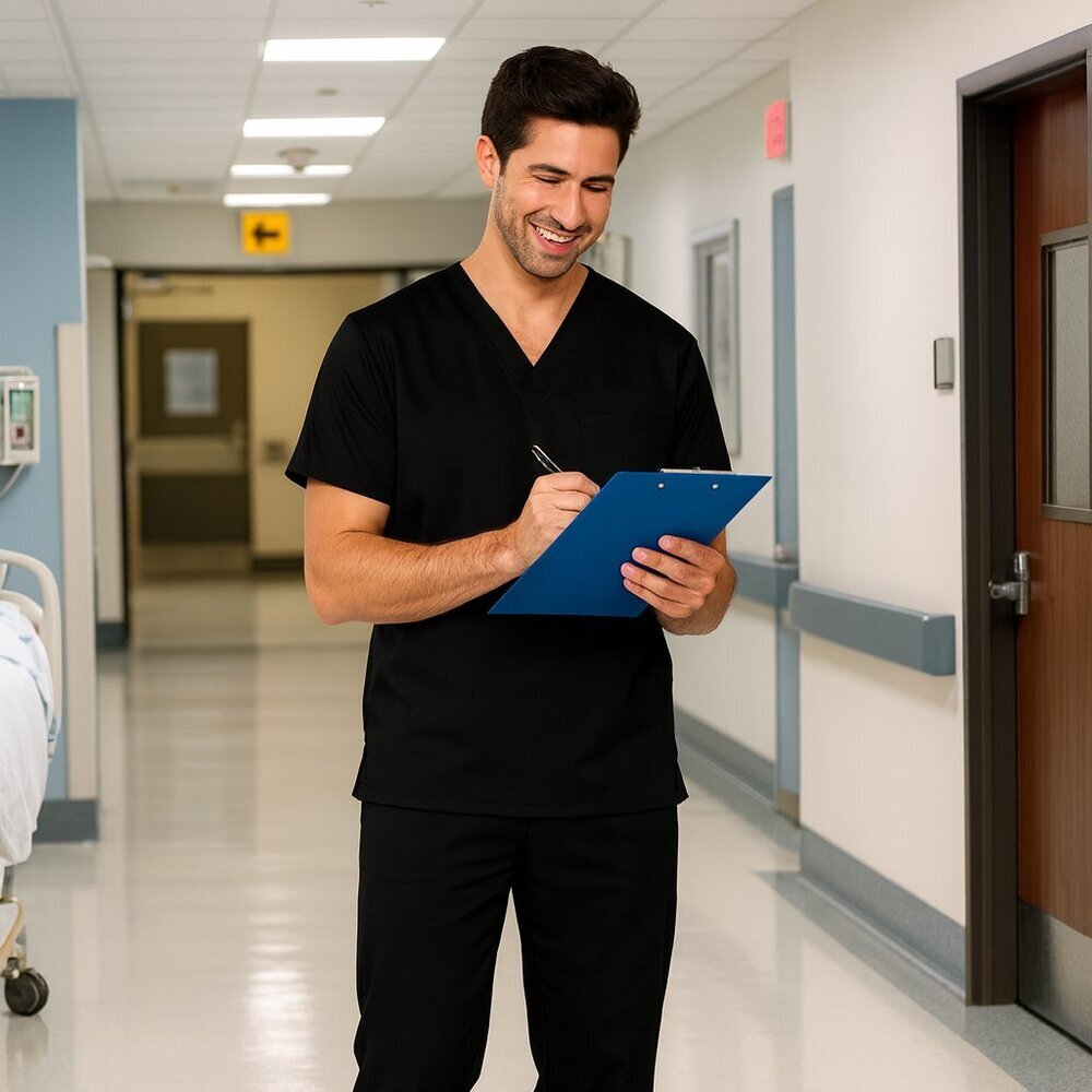 Unisex Black One Pocket Scrub Top V-Neck Short Sleeves